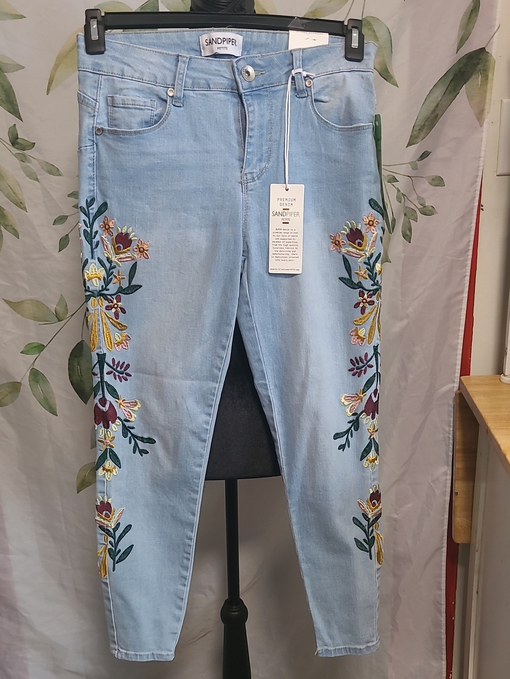 Sandpiper Light Blue Skinny Jeans with Floral Embroidery